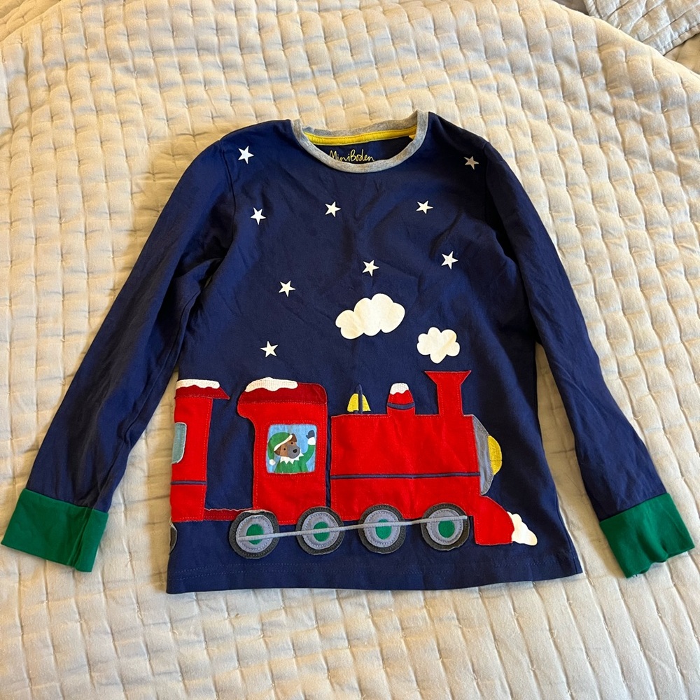 EUC Mini Boden Sprout on a Christmas Train Appliqué Shirt Size 7-8
